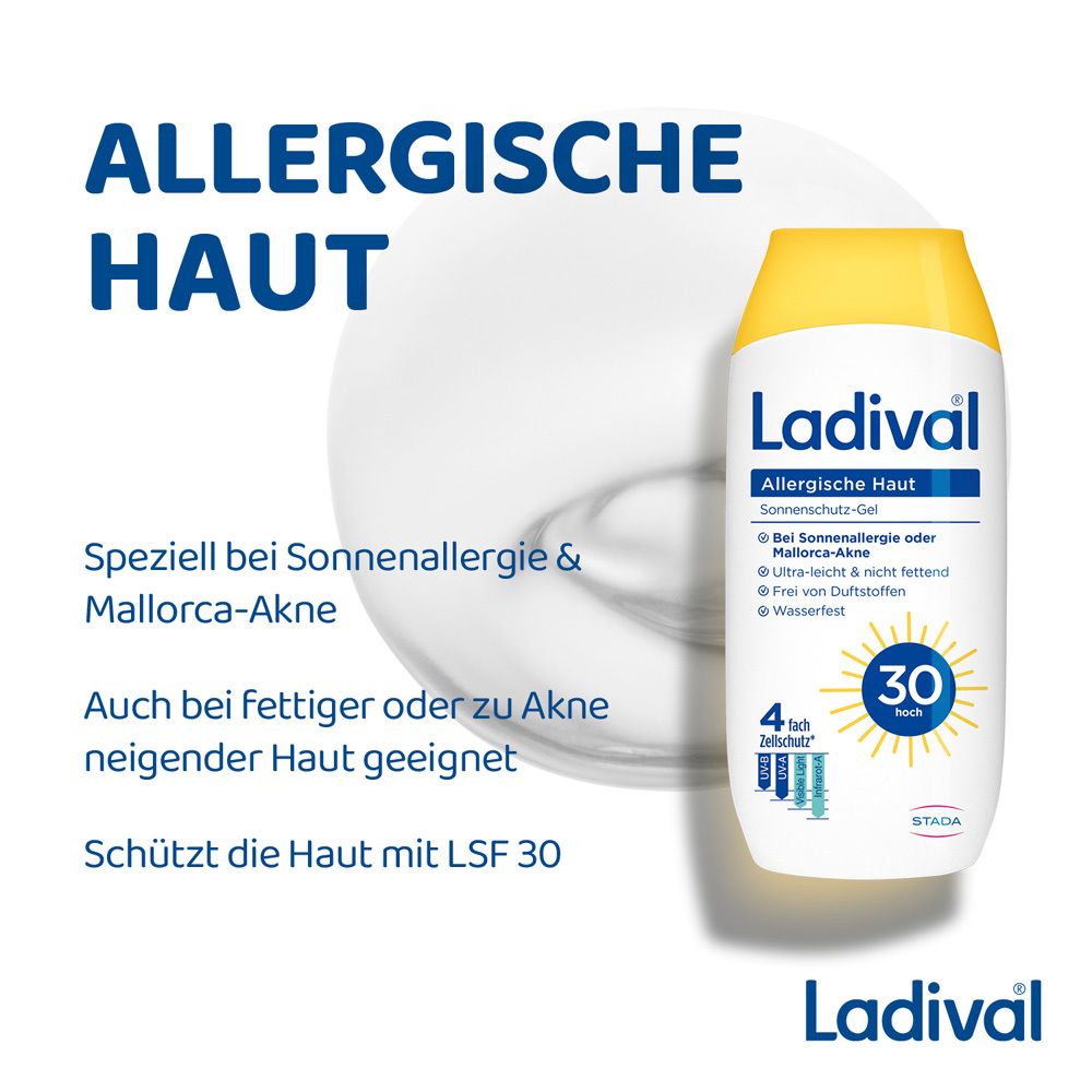 Flasche Ladival® Allergische Haut Sonnenschutz-Gel. Text: Speziell bei Sonnenallergie & Mallorca-Akne. LSF 30.