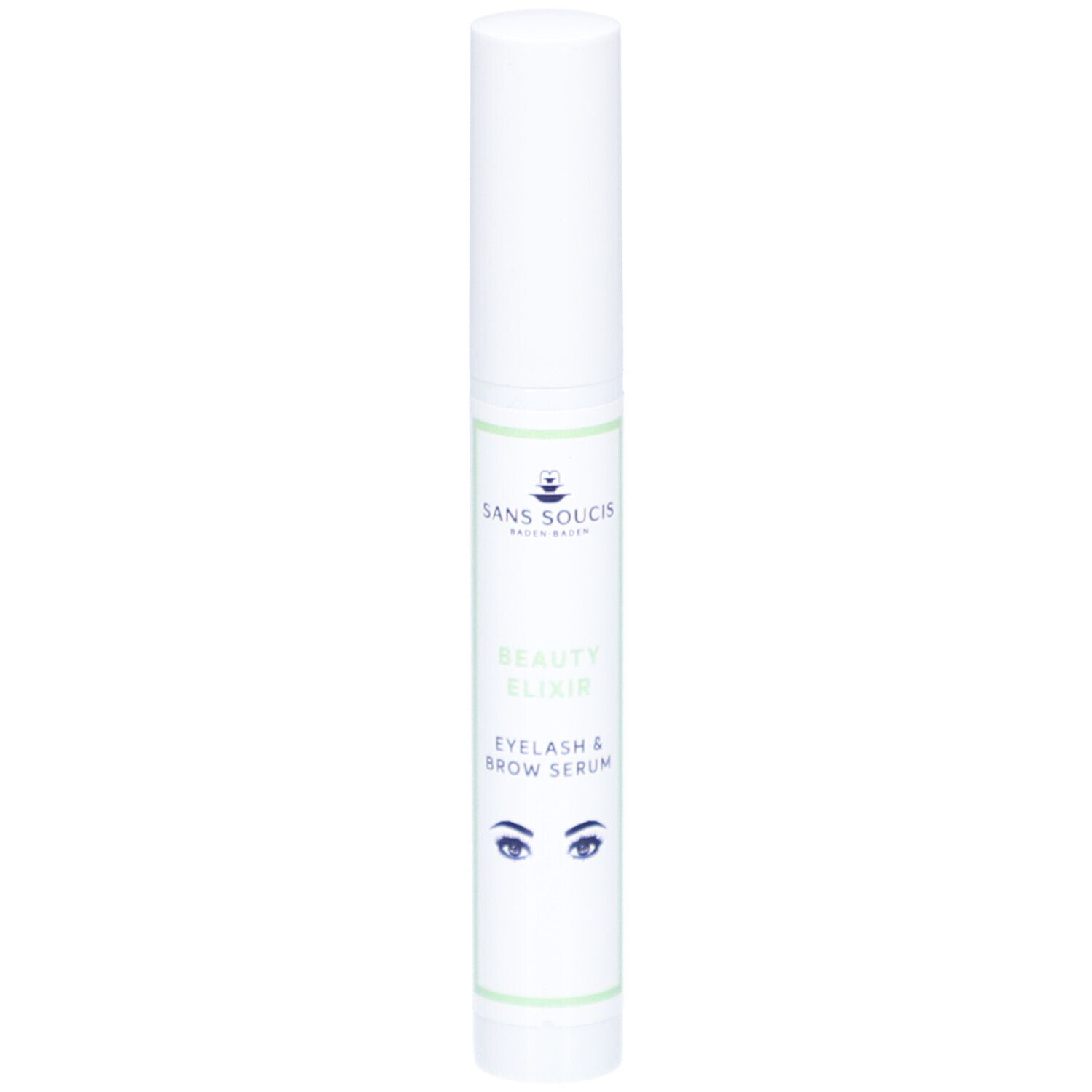 Weißes Serum für Wimpern und Augenbrauen. Aufschrift: Sans Soucis, Beauty Elixir, Eyelash & Brow Serum. Mit Augen-Illustration.