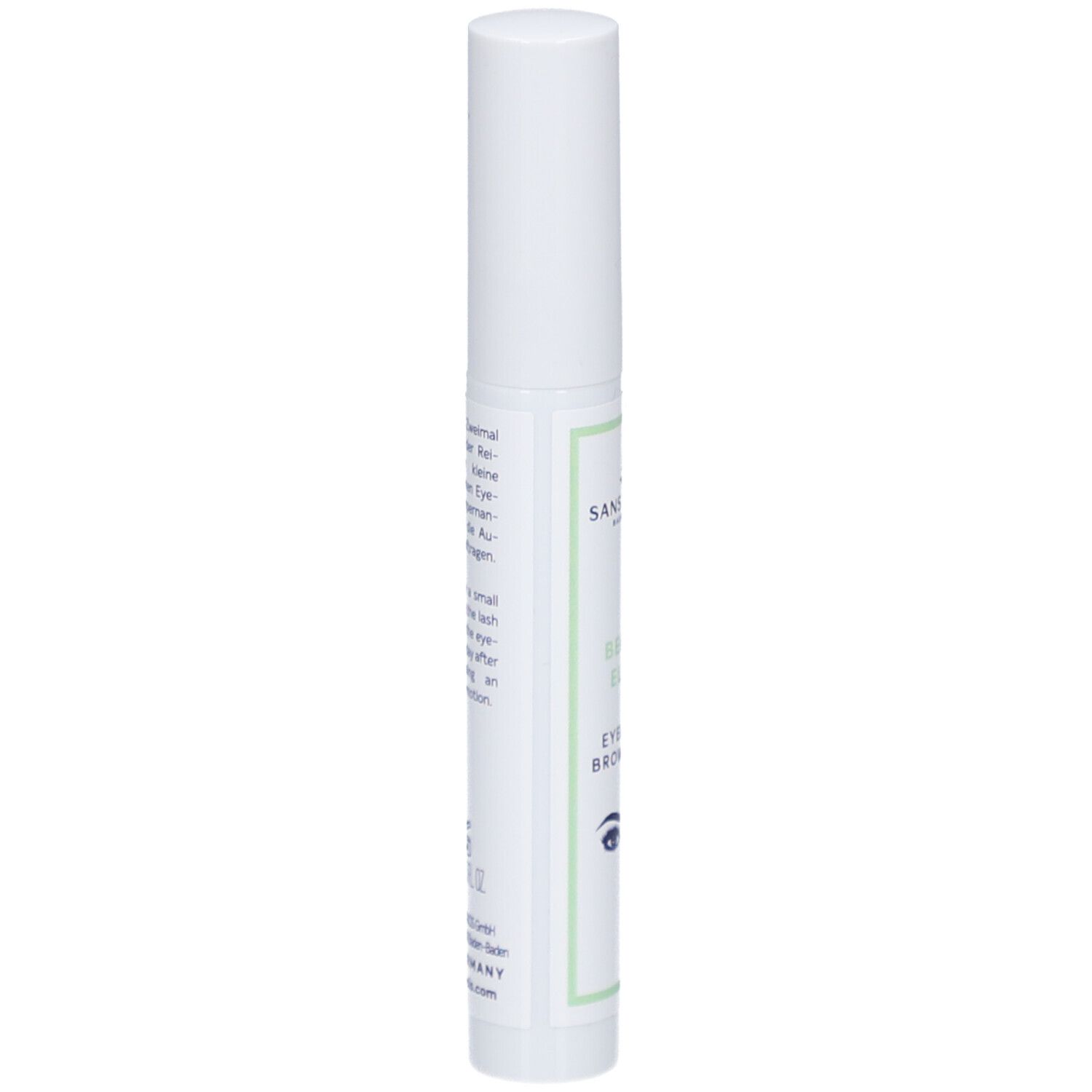 Weißes Serum für Wimpern und Augenbrauen. Aufschrift: Sans Soucis, Beauty Elixir, Eyelash & Brow Serum. Mit Augen-Illustration.
