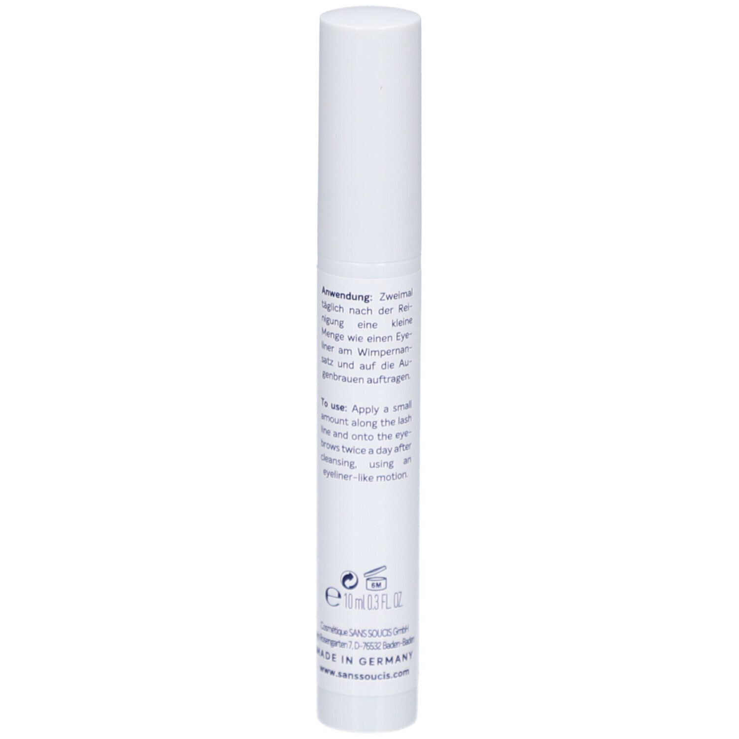 Weißes Serum für Wimpern und Augenbrauen. Aufschrift: Sans Soucis, Beauty Elixir, Eyelash & Brow Serum. Mit Augen-Illustration.
