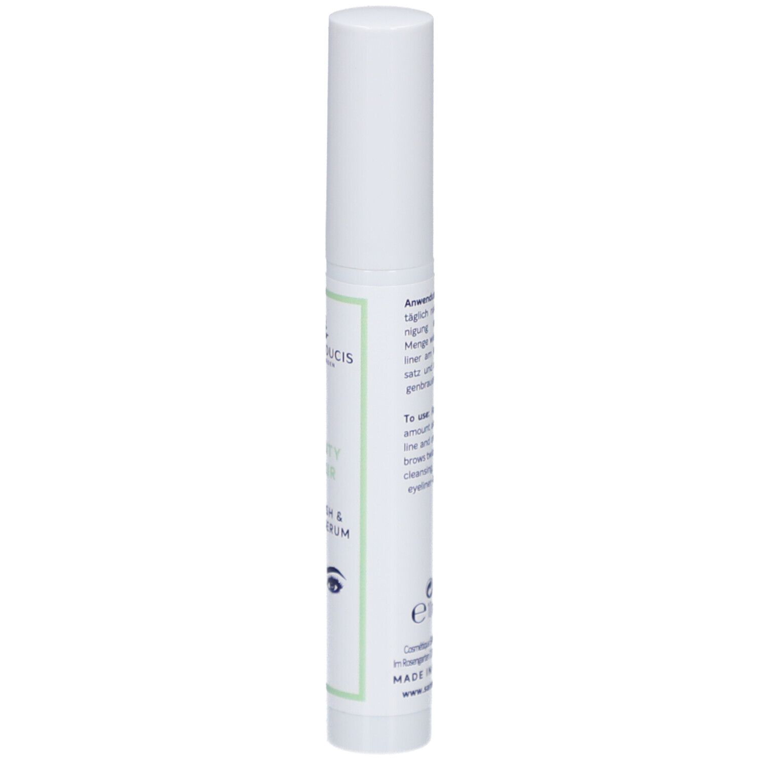 Weißes Serum für Wimpern und Augenbrauen. Aufschrift: Sans Soucis, Beauty Elixir, Eyelash & Brow Serum. Mit Augen-Illustration.