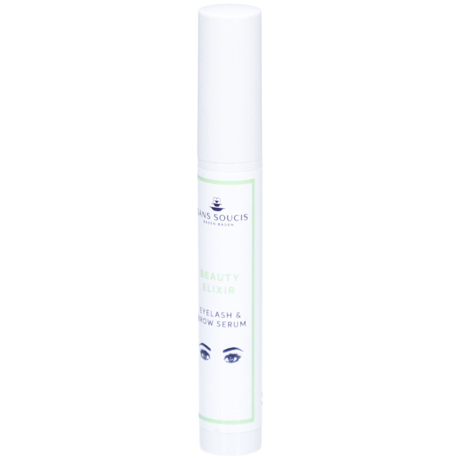 Weißes Serum für Wimpern und Augenbrauen. Aufschrift: Sans Soucis, Beauty Elixir, Eyelash & Brow Serum. Mit Augen-Illustration.