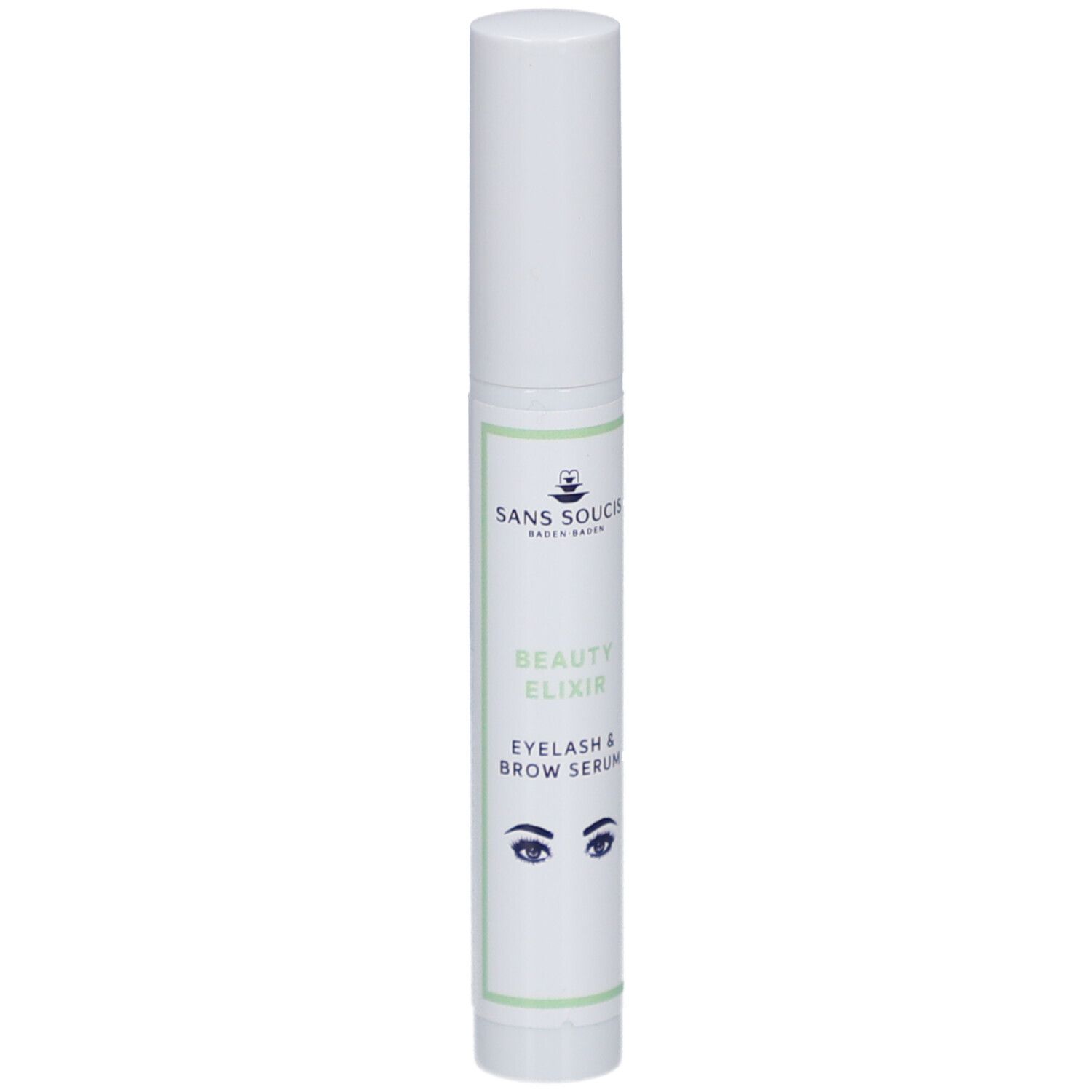 Weißes Serum für Wimpern und Augenbrauen. Aufschrift: Sans Soucis, Beauty Elixir, Eyelash & Brow Serum. Mit Augen-Illustration.
