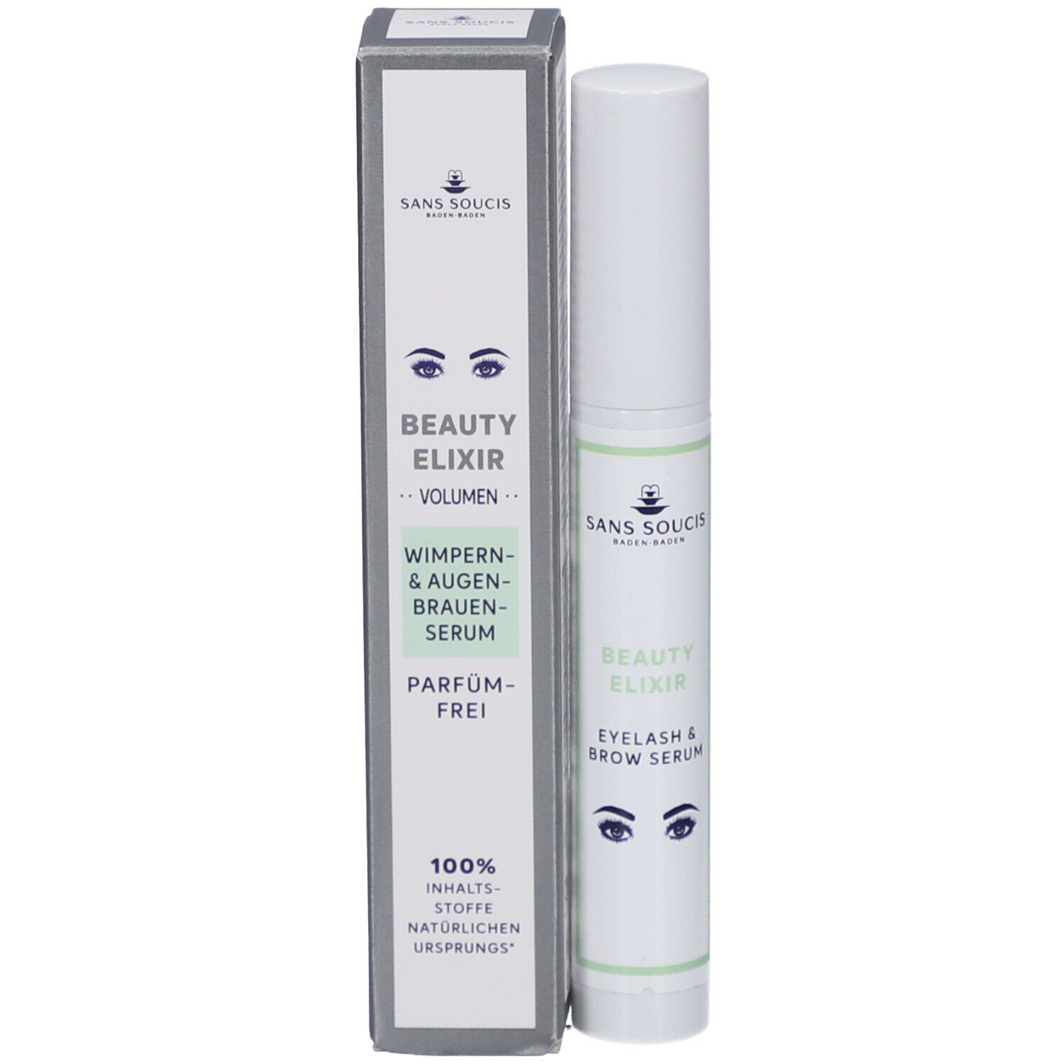 Produktverpackung mit Serum. Aufschrift: Sans Soucis, Beauty Elixir, Wimpern- & Augenbrauen-Serum. Parfümfrei. 100% Inhaltsstoffe natürlichen Ursprungs.