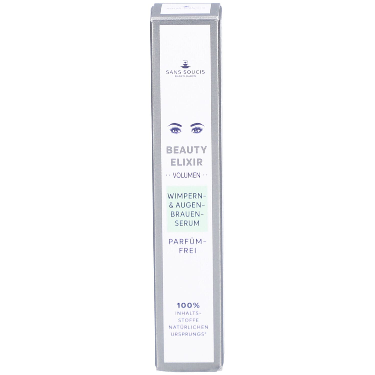 Produktverpackung. Aufschrift: Sans Soucis, Beauty Elixir, Wimpern- & Augenbrauen-Serum. Parfümfrei. 100% Inhaltsstoffe natürlichen Ursprungs.