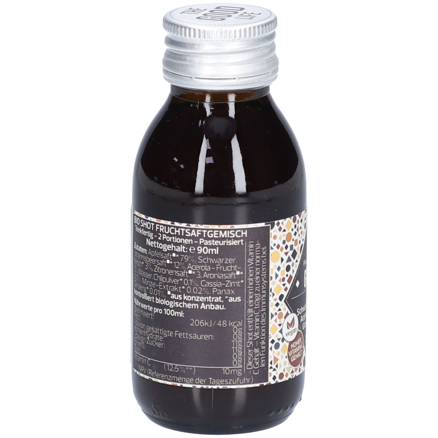 Braune Glasflasche mit silbernem Deckel. Etikett mit Nährwertangaben und Inhaltsstoffen. Vegan-Logo.