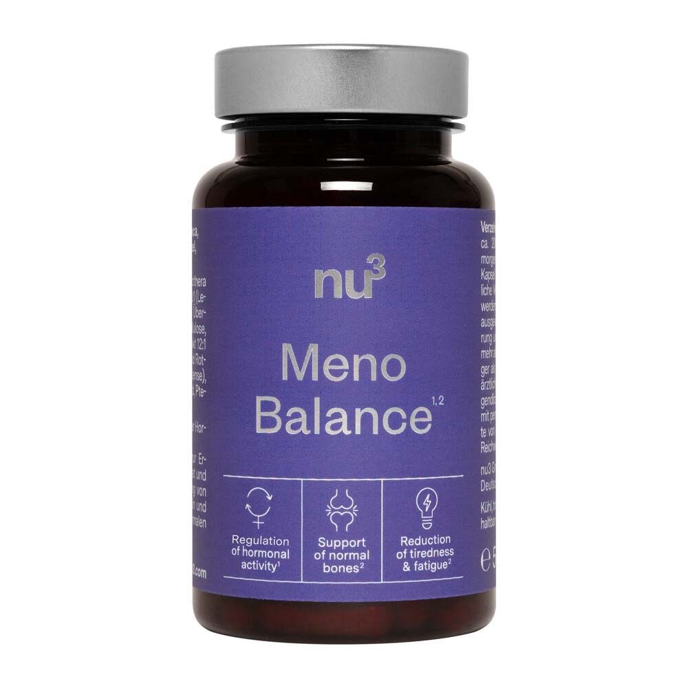 Braune Flasche nu3 Meno Balance mit silbernem Deckel. Lila Etikett mit weißer Schrift. Kapseln zur Unterstützung des hormonellen Gleichgewichts.