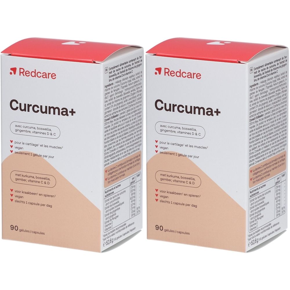 Zwei Kartons mit roter Aufschrift Redcare und Curcuma+. Enthält Vitamin D & C. 90 Kapseln.