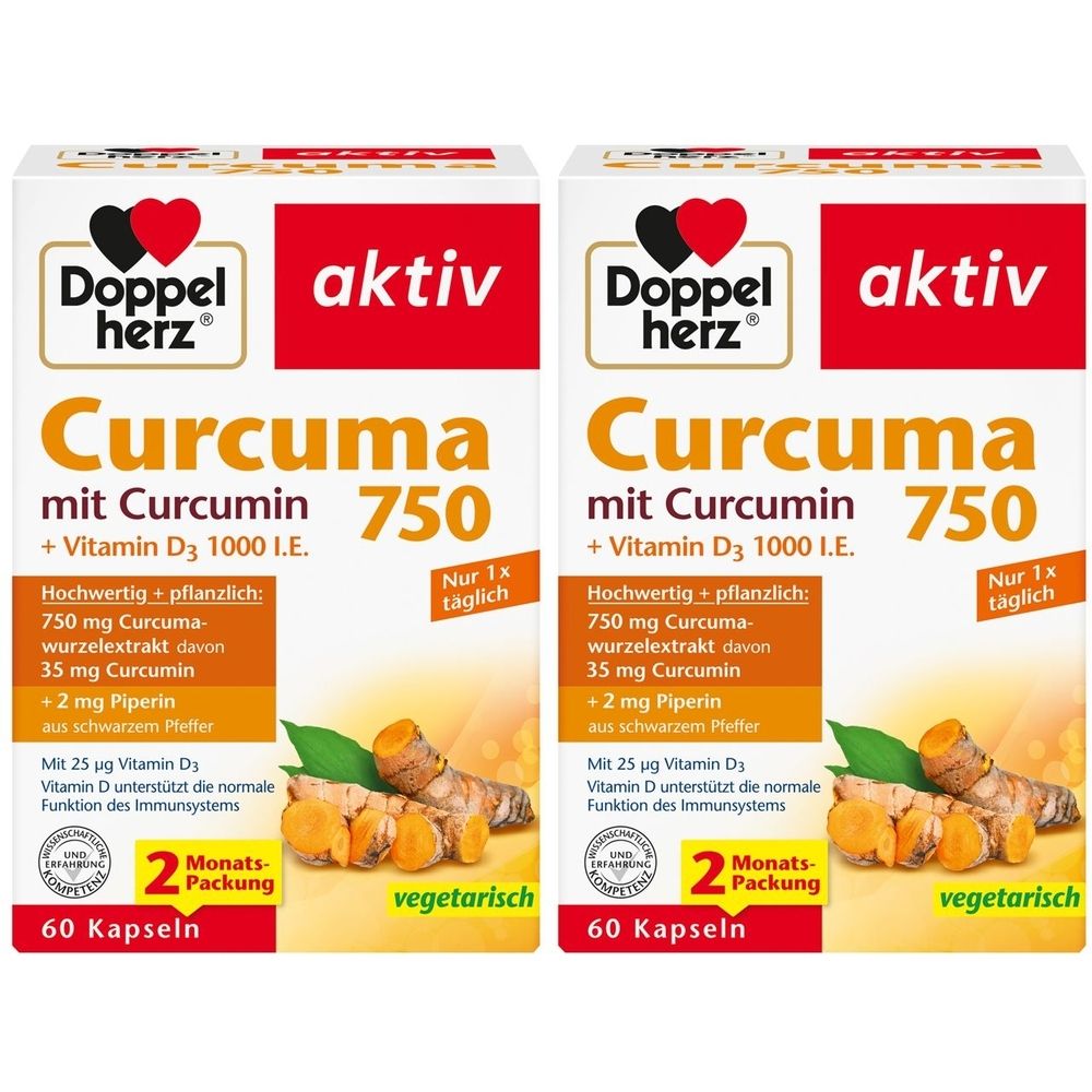 Zwei Packungen Doppelherz aktiv Curcuma 750. Aufdrucke: Curcuma, 750, 60 Kapseln, vegetarisch, 2 Monats-Packung. Mit Curcumin und Vitamin D3.