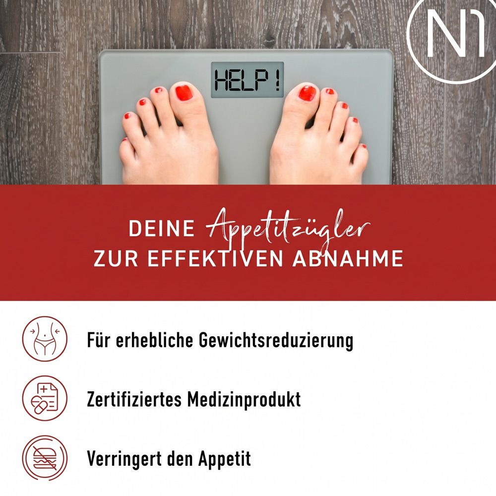 Füße auf einer Personenwaage mit der Anzeige 'HELP!'. Untertitel: 'Deine Appetitzügler zur effektiven Abnahme'.