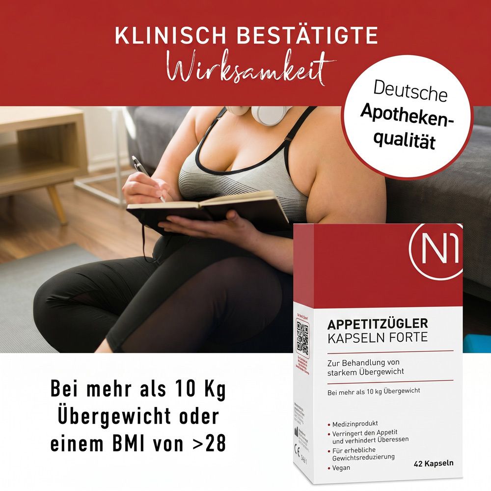Übergewichtige Frau sitzt auf dem Boden und schreibt. Packung N1 Appetitzügler Kapseln Forte daneben. 'Klinisch bestätigte Wirksamkeit'.