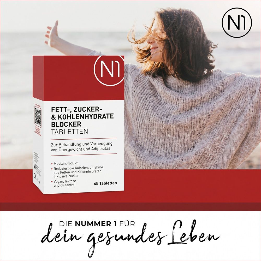 Frau mit erhobenen Armen, Packung N1 Fettblocker Tabletten, Slogan 'Die Nummer 1 für dein gesundes Leben'.