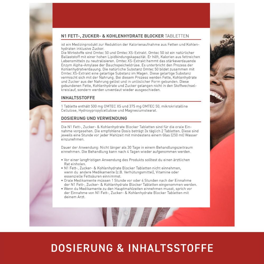 Detailansicht der N1 Fettblocker Tabletten mit Dosierungs- und Inhaltsstoffinformationen.