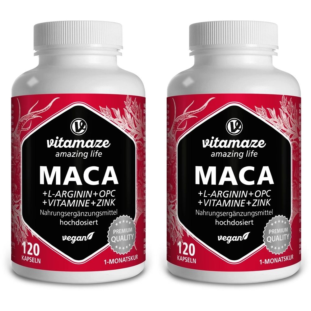 Zwei weiße Flaschen mit rotem Etikett. Aufschrift: vitamaze, MACA, +L-Arginin+OPC+Vitamine+Zink, 120 Kapseln, vegan.