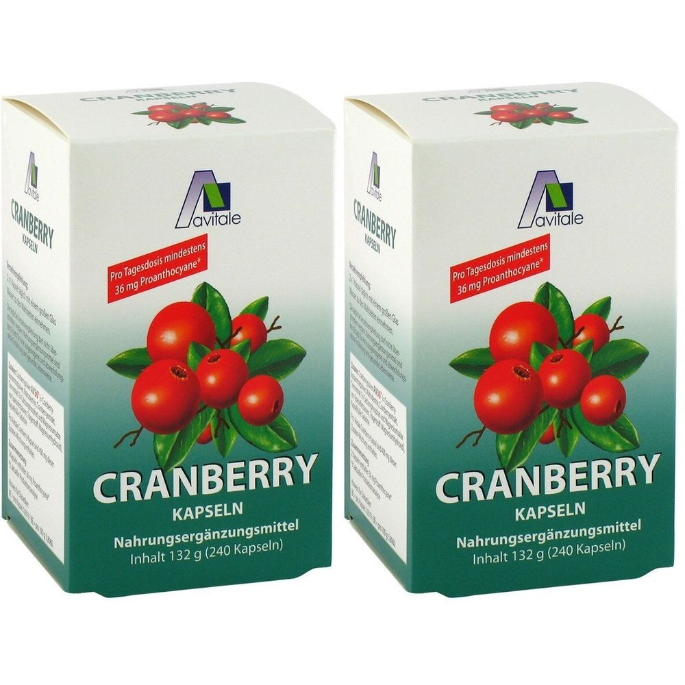 Zwei weiße Kartons mit Cranberry-Abbildung. Aufschrift: Avitale, Cranberry Kapseln, Nahrungsergänzungsmittel. Enthält 240 Kapseln.