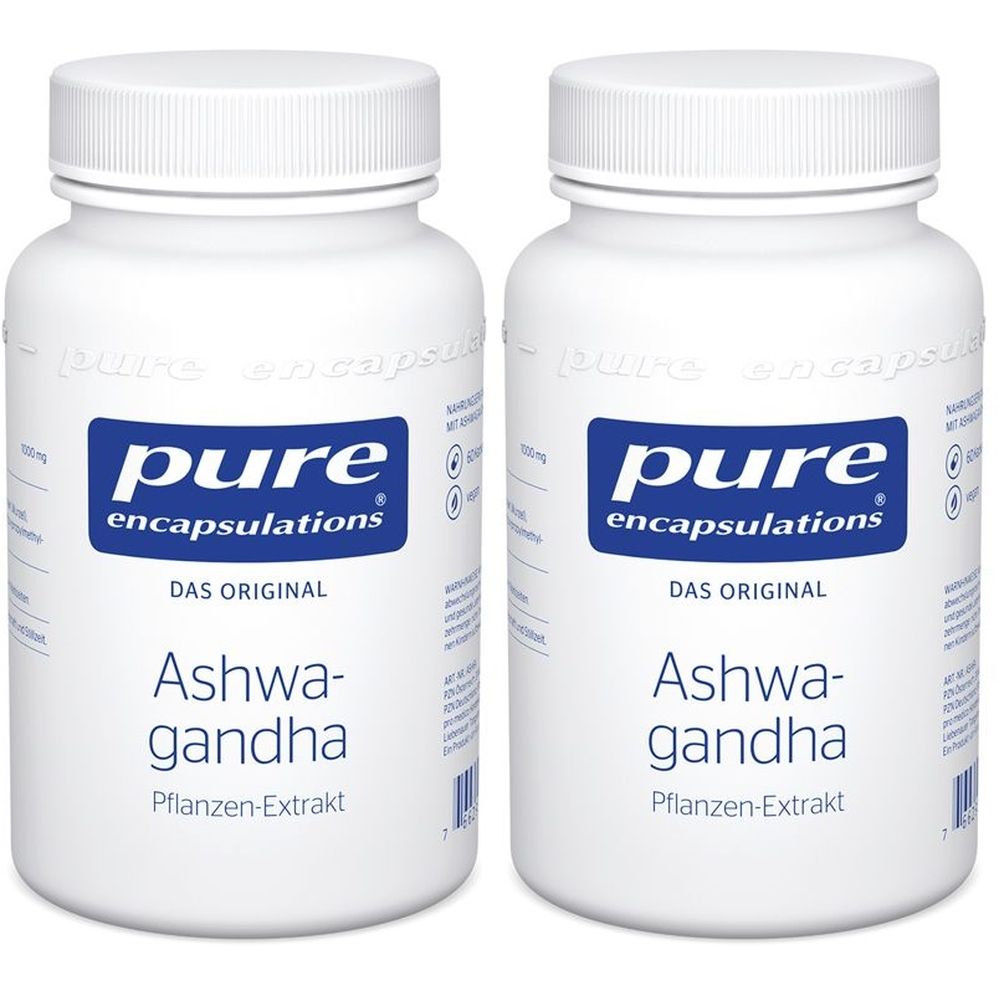 Zwei weiße Flaschen mit Schraubverschluss. Auf jeder Flasche steht "pure encapsulations", "Ashwagandha" und "Pflanzen-Extrakt".