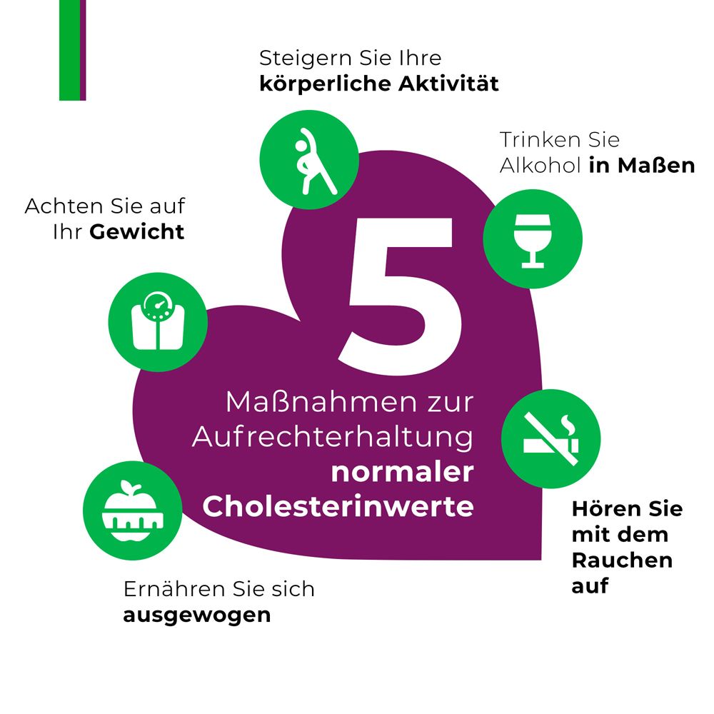 Grafik mit 5 Maßnahmen für Cholesterinwerte. Symbole: Gewicht, Aktivität, Ernährung, Alkohol, Rauchen. Text: Cholesterinwerte.
