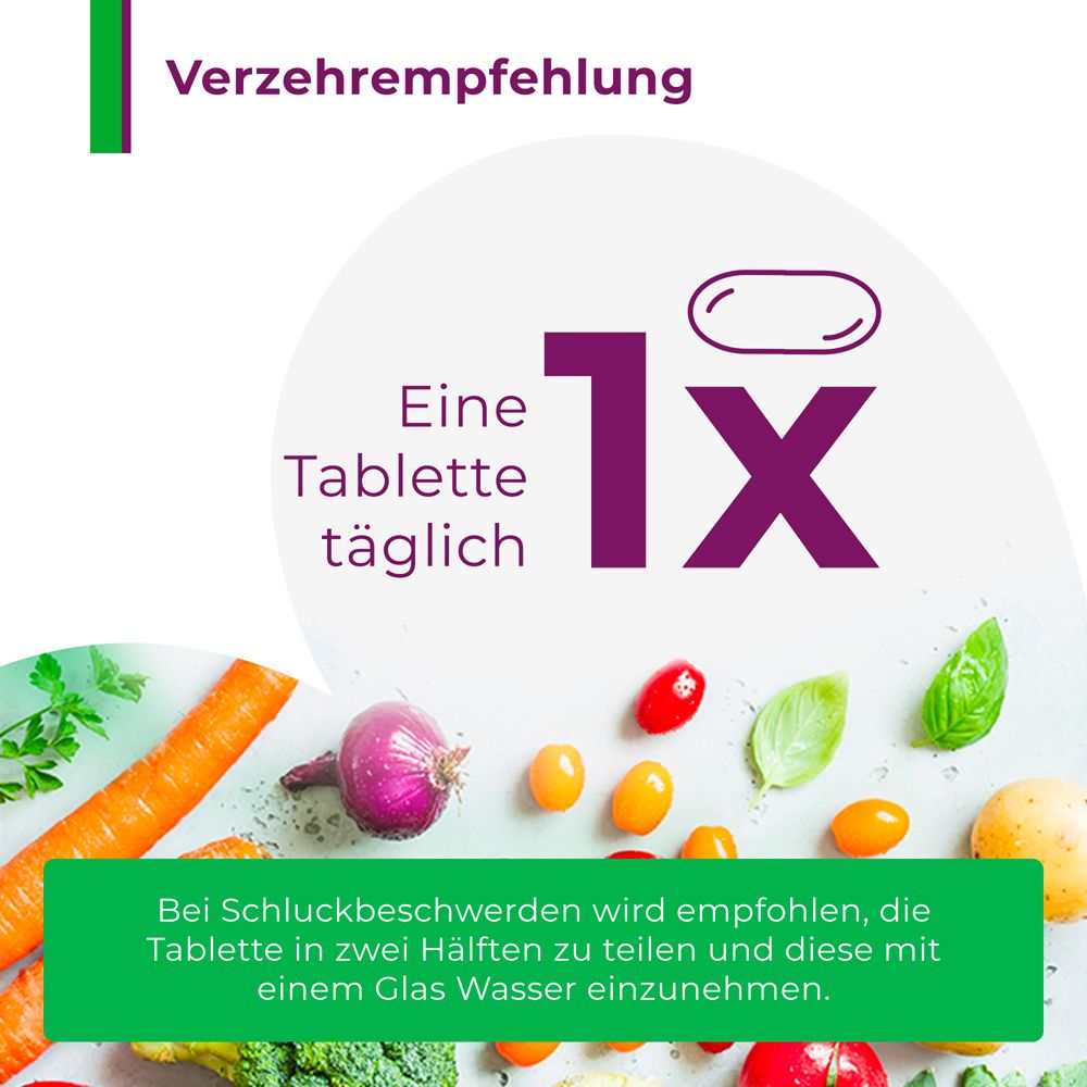 Grafik mit Gemüse und Tablette. Text: „Eine Tablette täglich“. Text: Bei Schluckbeschwerden Tablette halbieren.