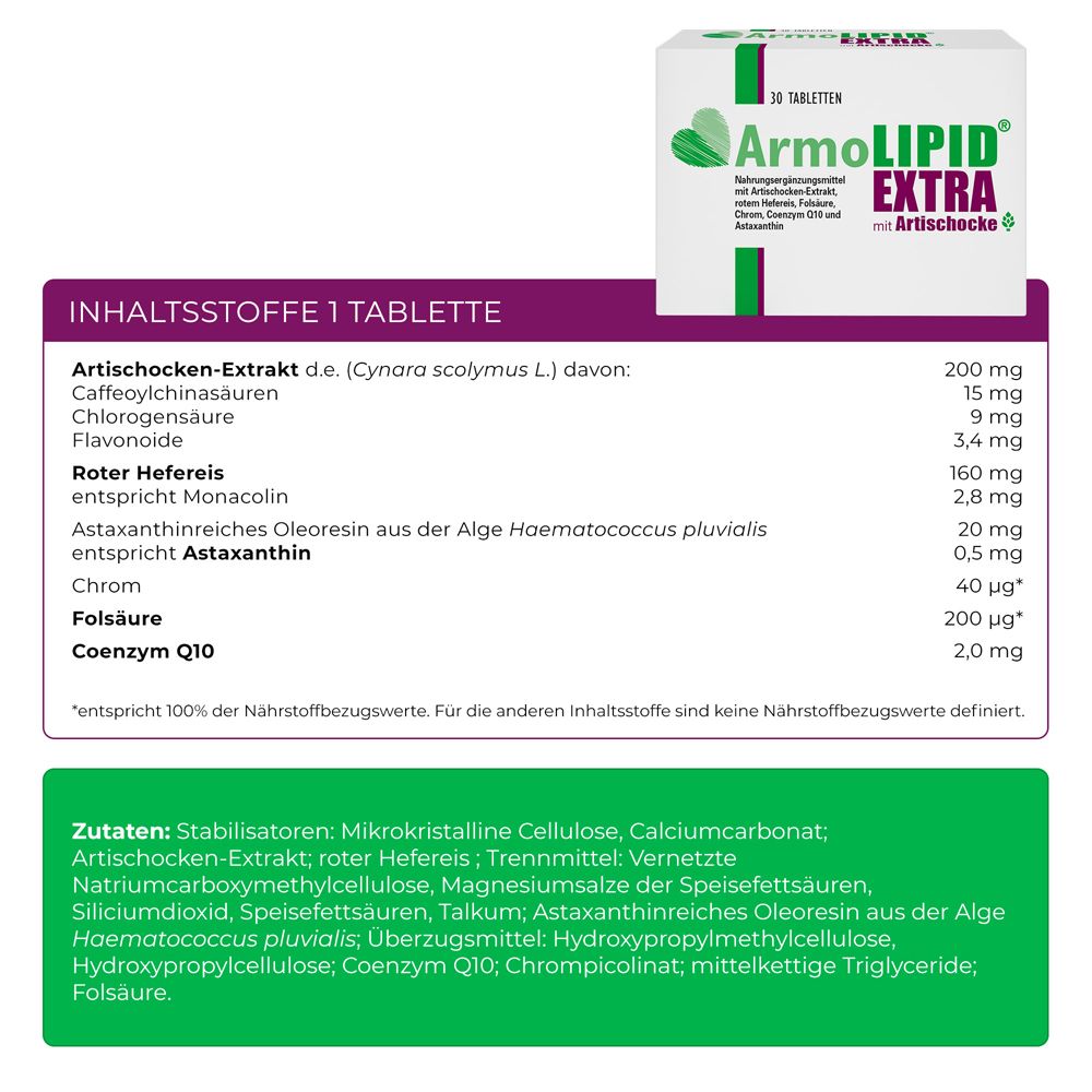 Inhaltsstoffliste für eine Tablette ArmoLIPID® EXTRA mit Artischocke. Enthält Artischocken-Extrakt, roter Hefereis, Chrom, etc.