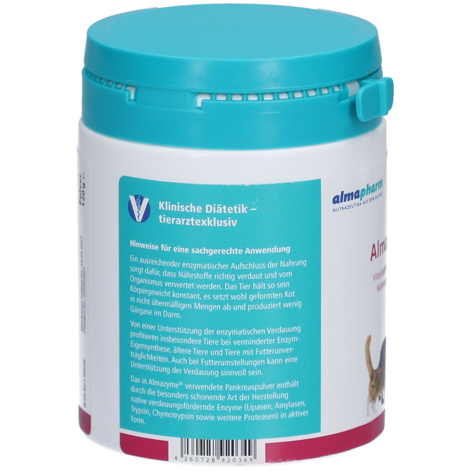 Rückseite der Dose. Text: Klinische Diätetik - tierärzteexklusiv. Text über enzymatische Verdauung. Logo: Katze.