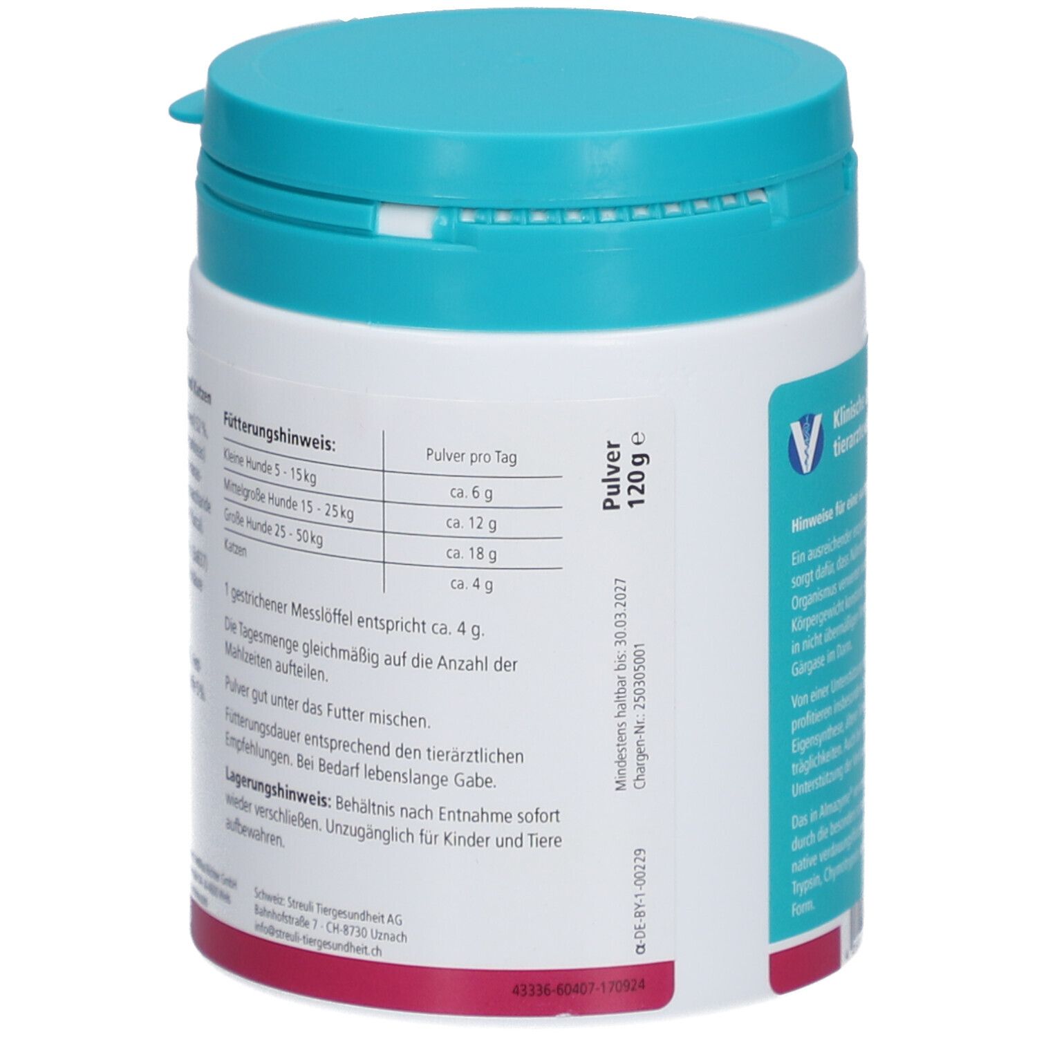 Rückseite der Dose. Text: Fütterungshinweis. Text: Pulver pro Tag. Text: Lagerungshinweis. Logo: V.