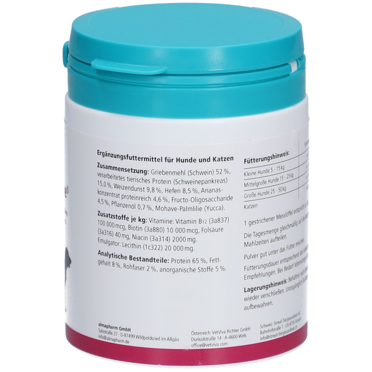 Rückseite der Dose. Text: Ergänzungsfuttermittel für Hunde und Katzen. Text: Zusammensetzung. Text: Fütterungshinweis. Logo: V.