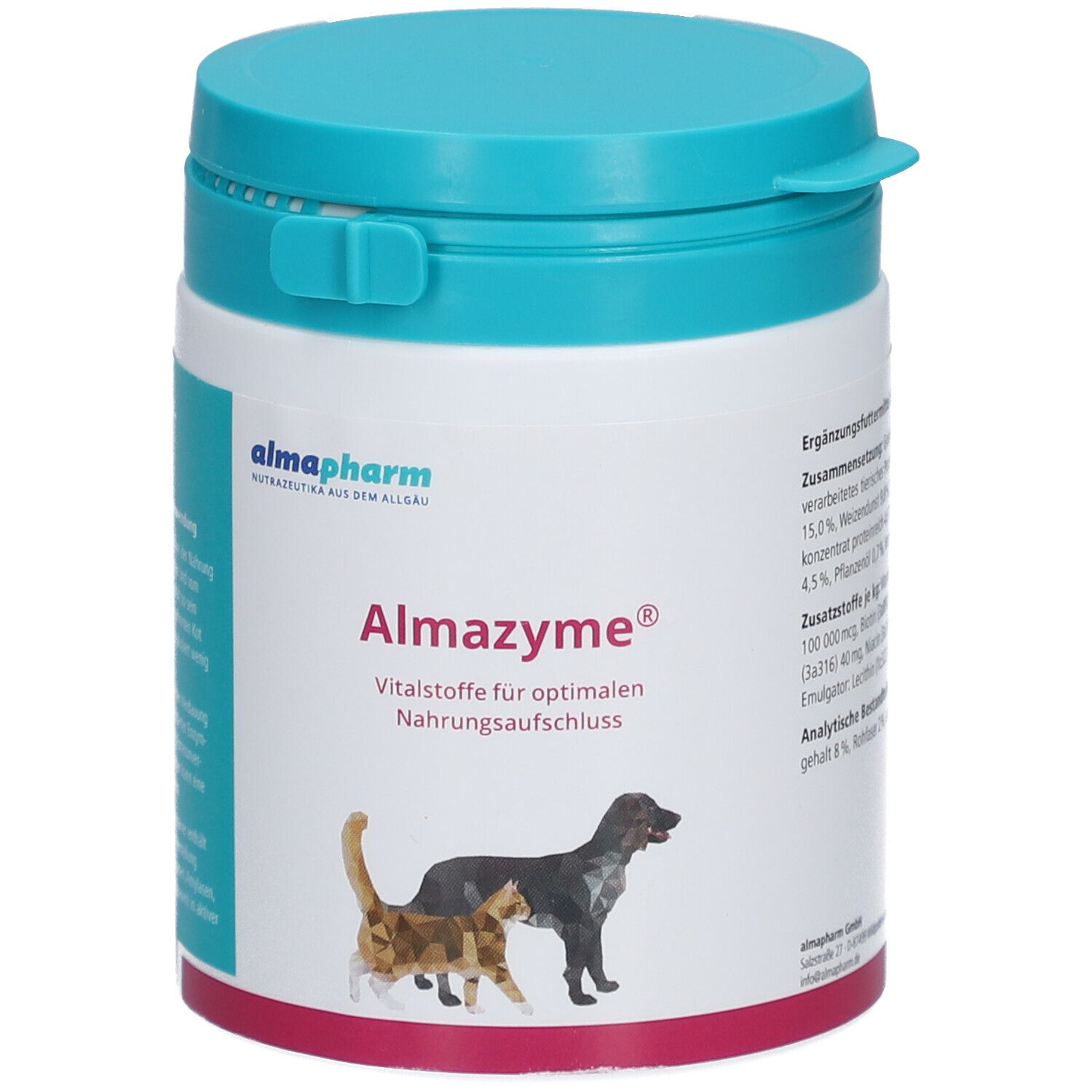 Runde Dose mit blauem Deckel. Aufschrift Almazyme, Vitalstoffe für Hunde und Katzen. Logo: Katze und Hund.
