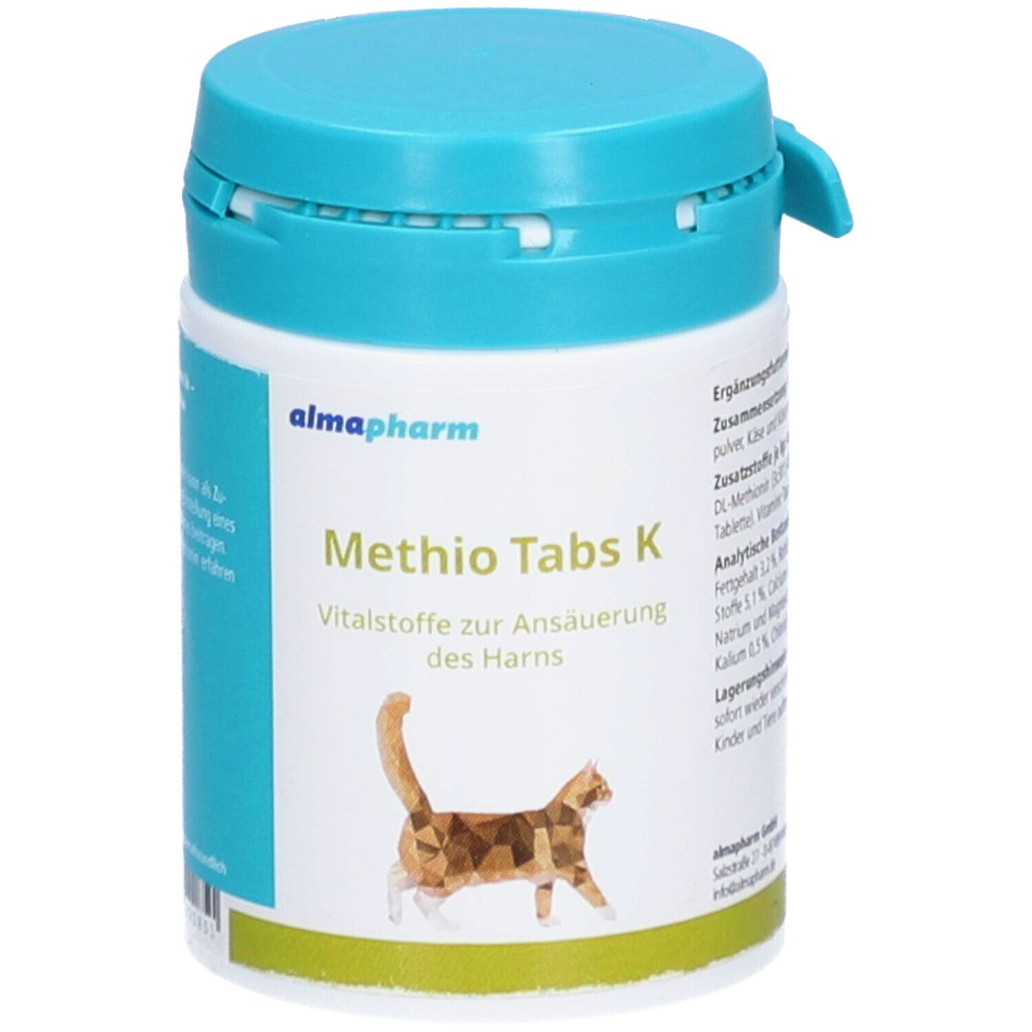 Weiße Dose mit blauem Deckel. Aufschrift: almapharm, Methio Tabs K, Vitalstoffe zur Ansäuerung des Harns. Katze-Illustration.