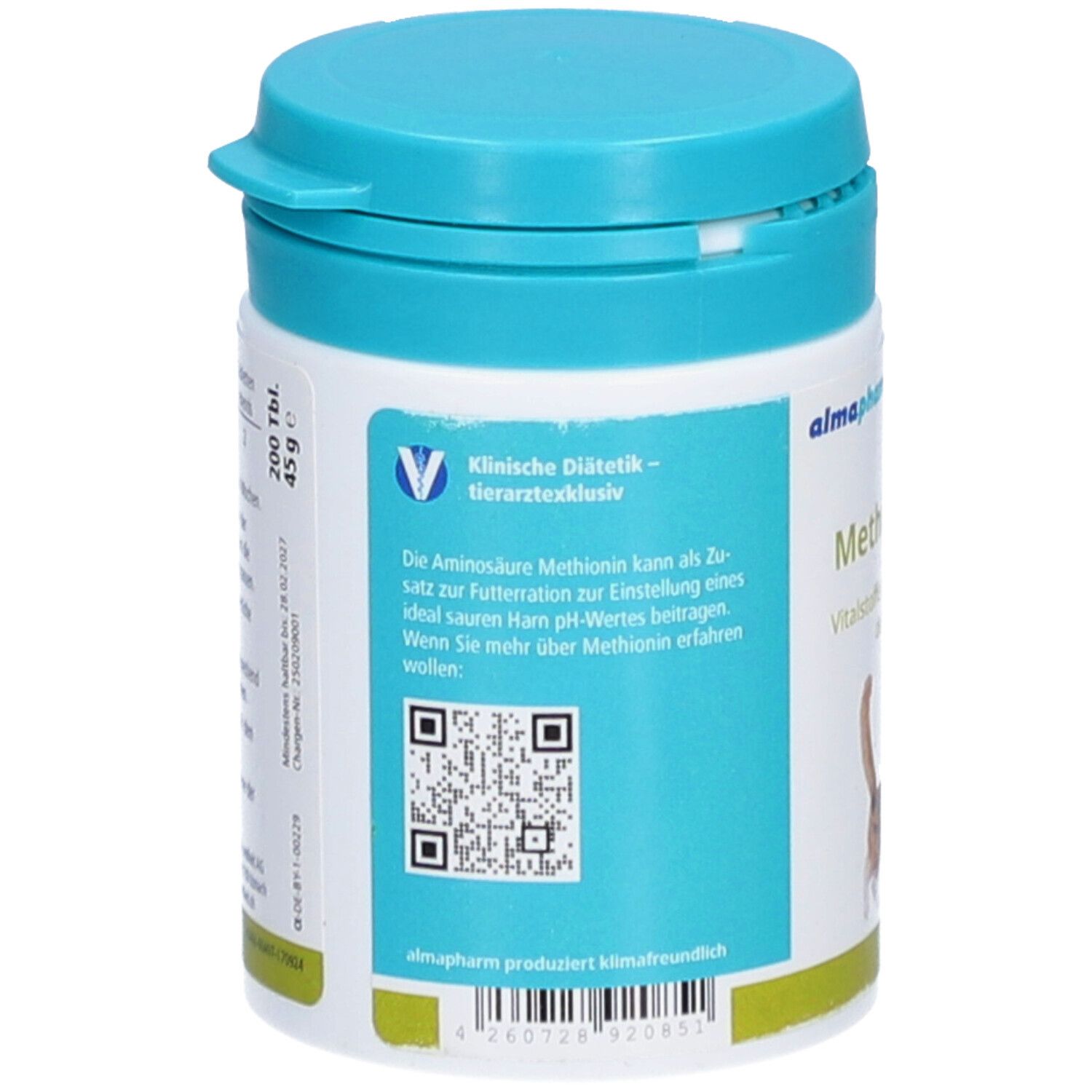 Rückseite der Dose. Text: Klinische Diätetik - tierärzteexklusiv. QR-Code. Text: almapharm produziert klimafreundlich. 200 Tbl. 45 g.