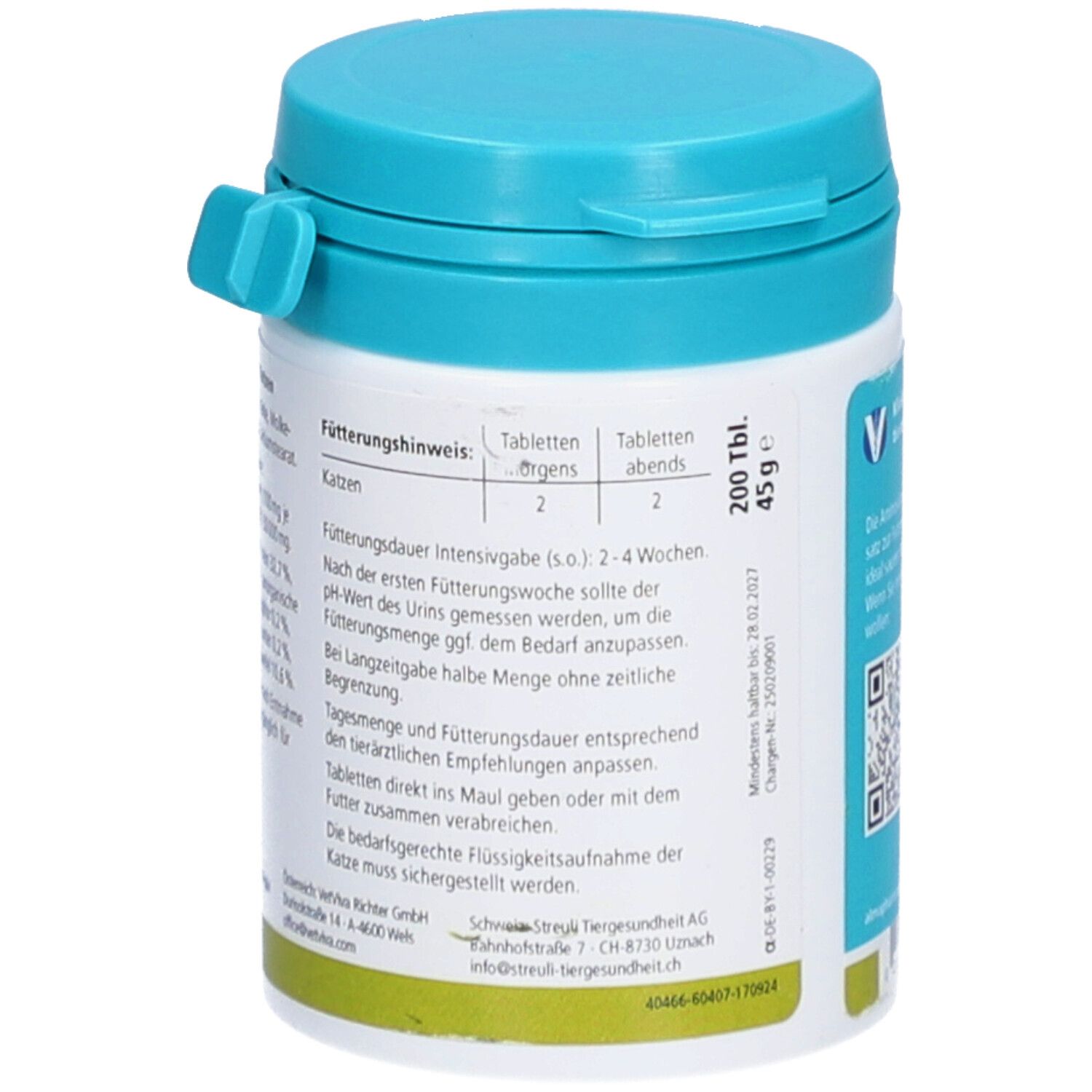 Rückseite der Dose. Text: Fütterungshinweis für Katzen. Dosierung: 2 Tabletten morgens und abends. 200 Tbl. 45 g.