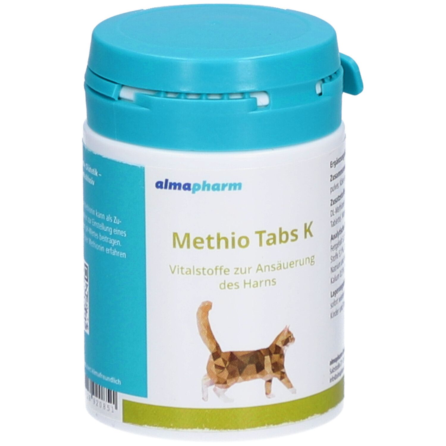 Weiße Dose mit blauem Deckel. Aufschrift: almapharm, Methio Tabs K, Vitalstoffe zur Ansäuerung des Harns. Katze-Illustration.