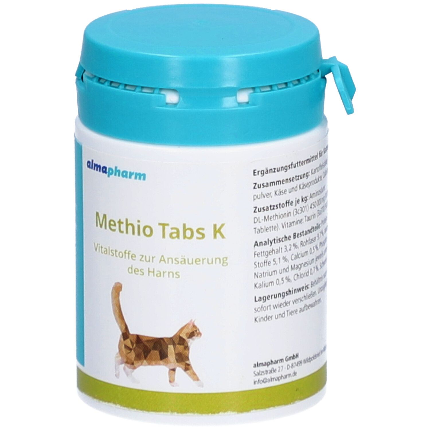 Weiße Dose mit blauem Deckel. Aufschrift: almapharm, Methio Tabs K, Vitalstoffe zur Ansäuerung des Harns. Katze-Illustration. Inhaltsstoffe.