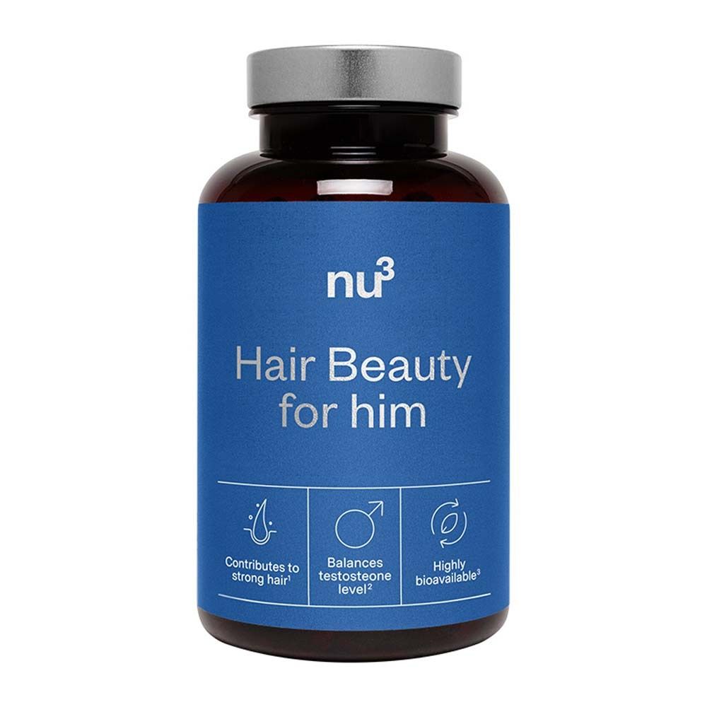 Braune Kapsel-Flasche mit blauem Etikett. Aufschrift: nu3 Hair Beauty for him. Enthält Symbole und Text.