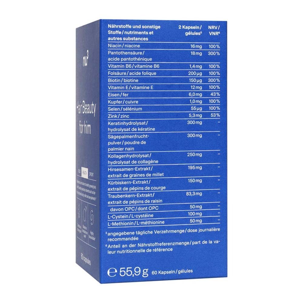 Rückseite der Schachtel mit Inhaltsstoffen und Nährwertangaben. Text in deutscher Sprache.