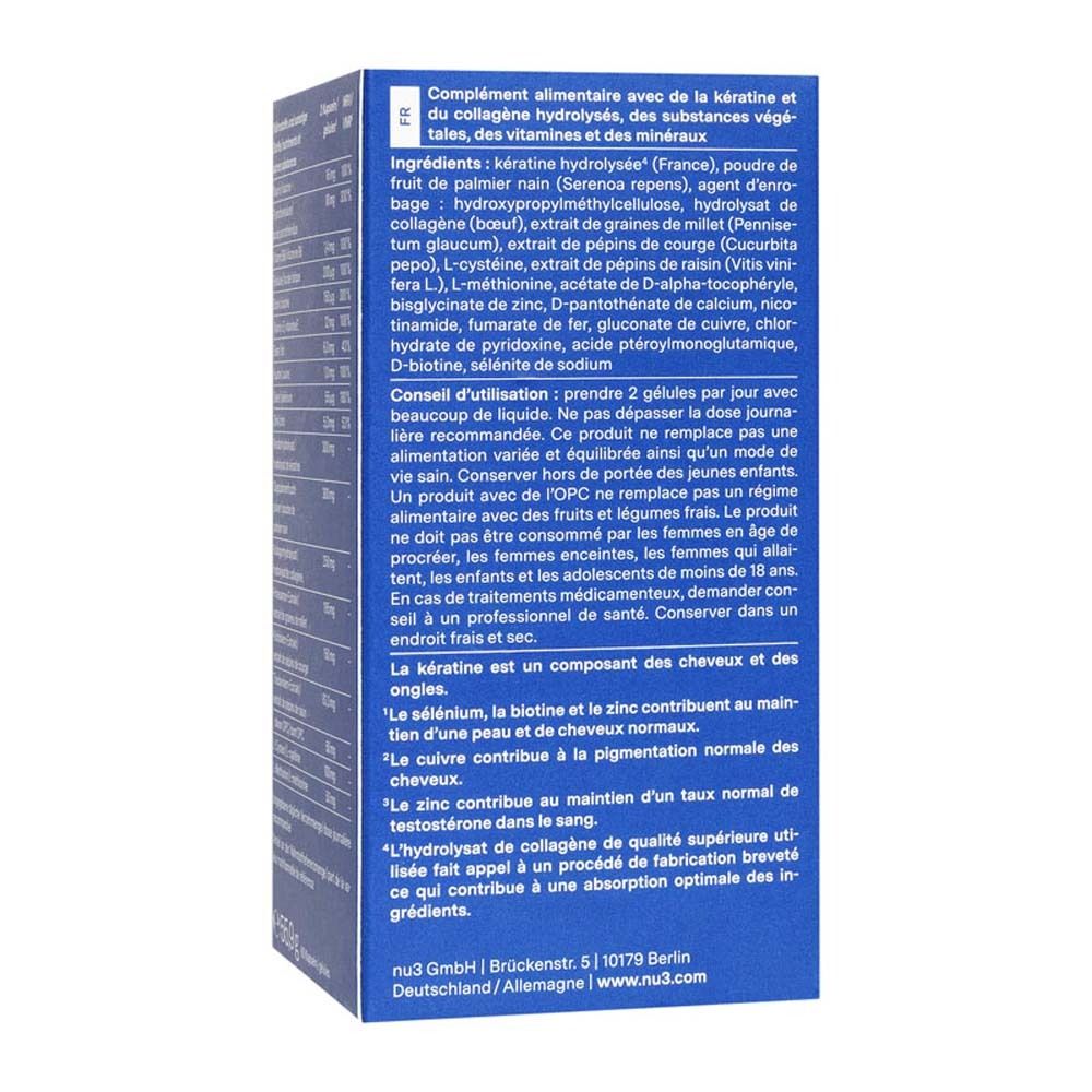Rückseite der Schachtel mit Inhaltsstoffen und Anwendungshinweisen. Text in französischer Sprache.