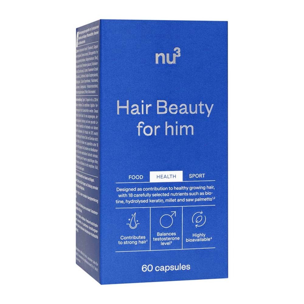 Blaue Schachtel mit Aufschrift: Hair Beauty for him. Enthält 60 Kapseln. Logos und Text.