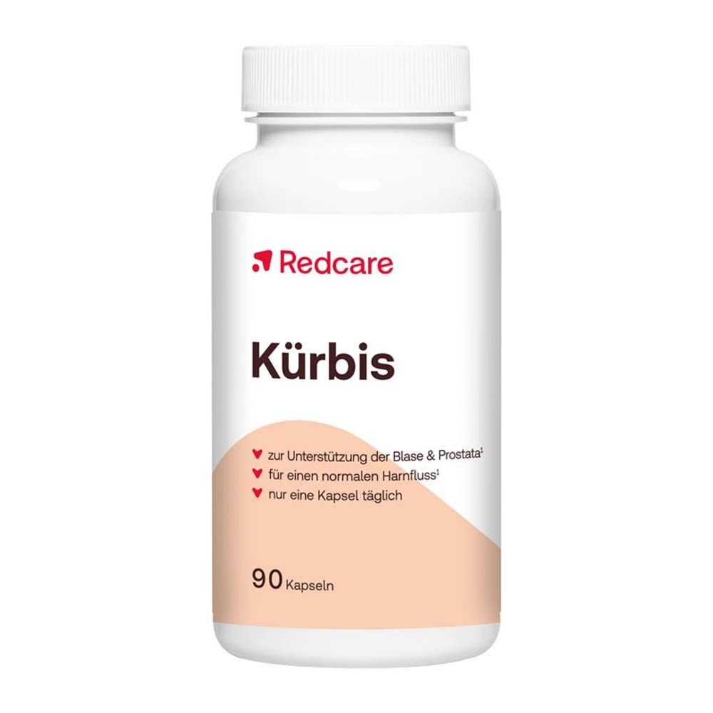 Weiße Flasche Redcare Kürbis mit 90 Kapseln. Aufschrift: Kürbis, zur Unterstützung der Blase & Prostata. Roter Deckel.
