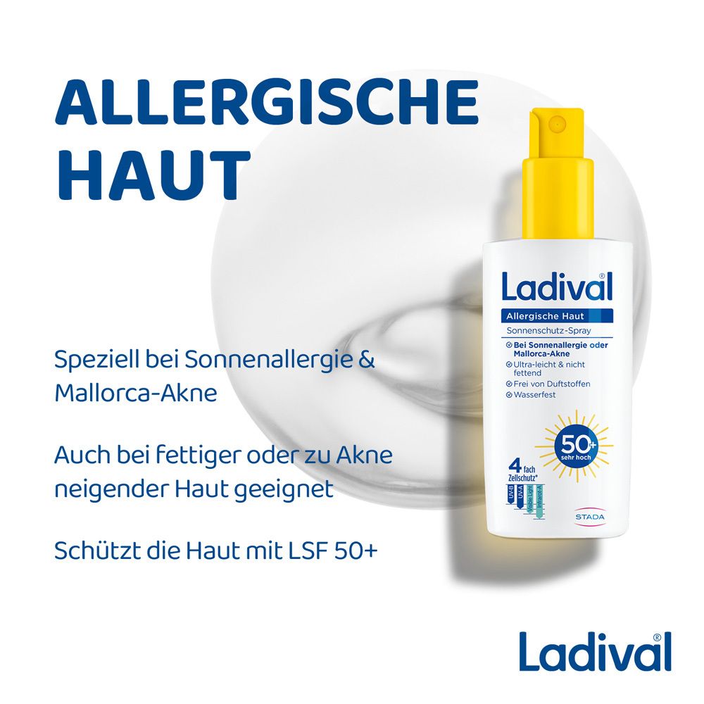 Ladival® Allergische Haut Sonnenschutz-Spray LSF 50+. Flasche mit gelbem Sprühkopf. Text: 50+ sehr hoch. Geeignet bei Sonnenallergie.