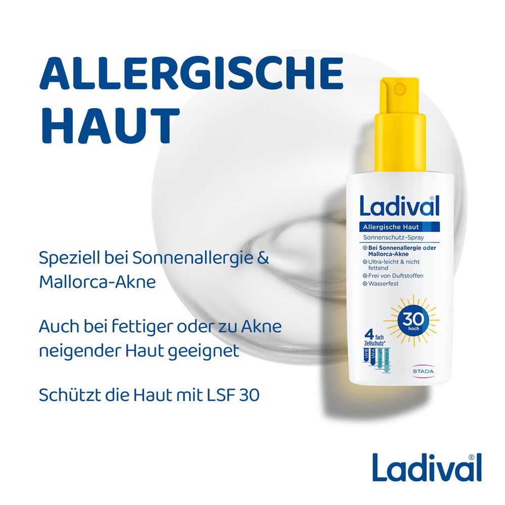 Eine weiße Sprühflasche mit gelbem Sprühkopf. Aufschrift: Ladival Allergische Haut Sonnenschutz-Spray. Text: Speziell bei Sonnenallergie & Mallorca-Akne.