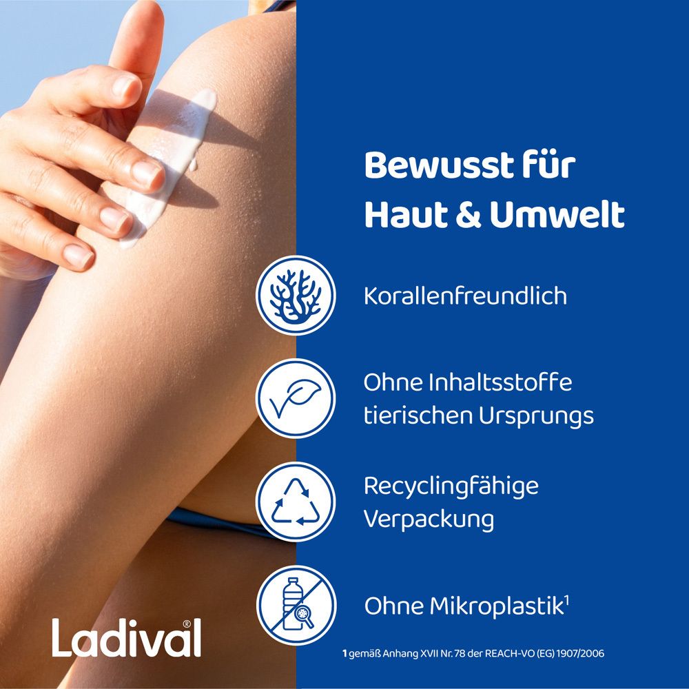 Arm mit Creme. Text: Bewusst für Haut & Umwelt. Korallenfreundlich, ohne tierische Inhaltsstoffe, recycelbare Verpackung.