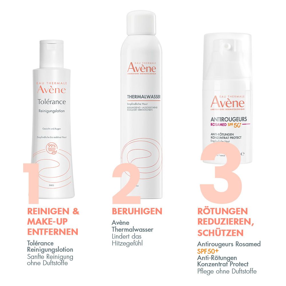 Antirougeurs Rosamed SPF50+ Anti-Rötungen Konzentrat Protect + Avène Tolérance Reinigungslotion
