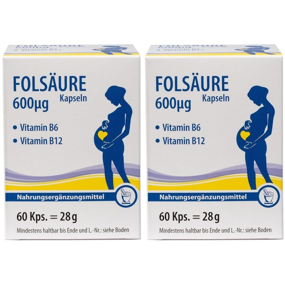 Zwei Schachteln Folsäure 600µg Kapseln. Aufdruck: Vitamin B6, B12, Nahrungsergänzungsmittel, 60 Kps. = 28g. Abbildung einer schwangeren Frau.