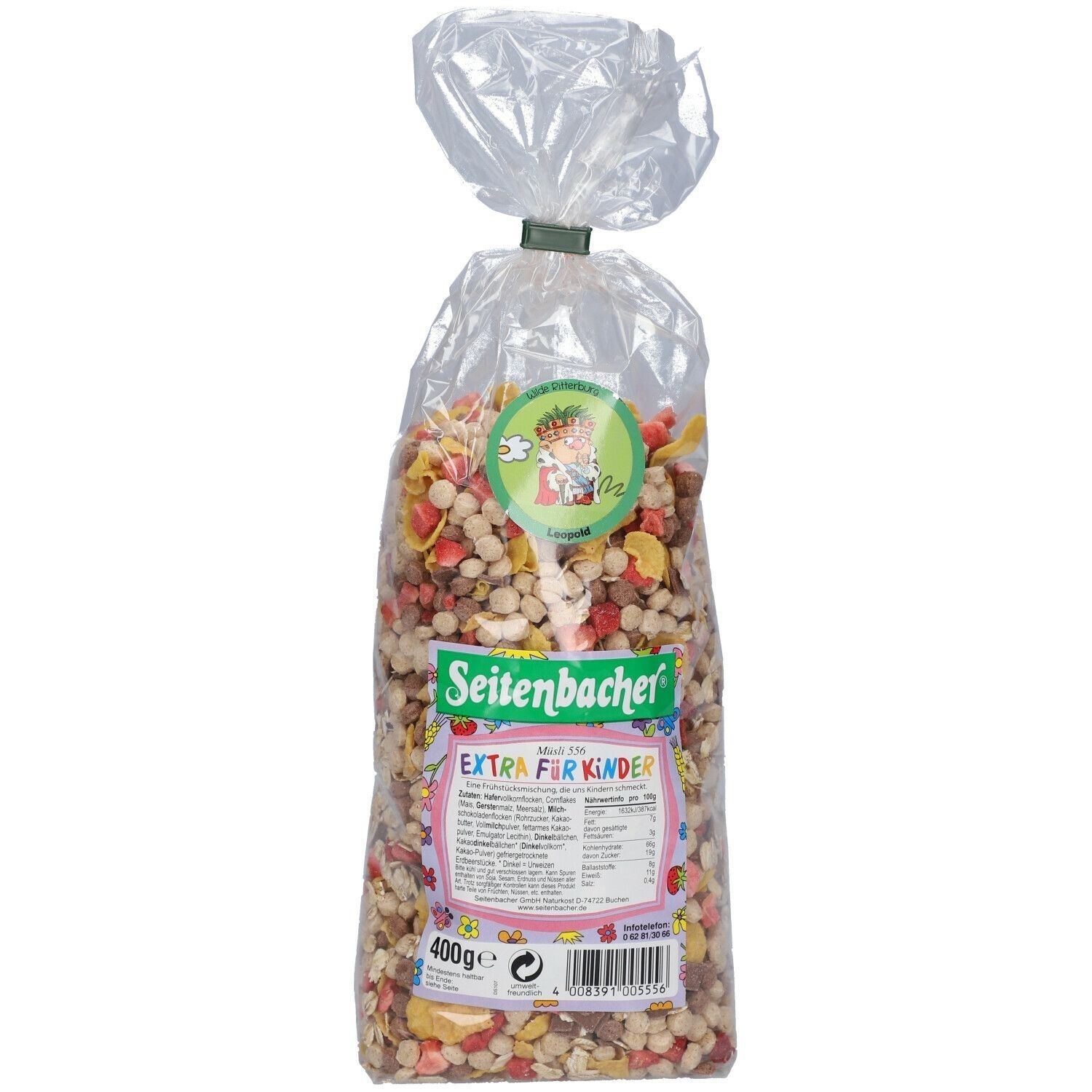 Transparente Tüte mit Müsli. Aufdruck: Seitenbacher, Extra für Kinder. Inhalt: Getreide, Früchte. Siegel.