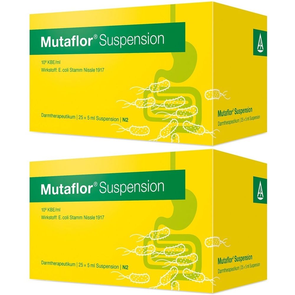 Zwei gelbe Kartons mit grüner Schrift. Aufschrift: Mutaflor® Suspension. Enthält Bakterien. Darmtherapeutikum.