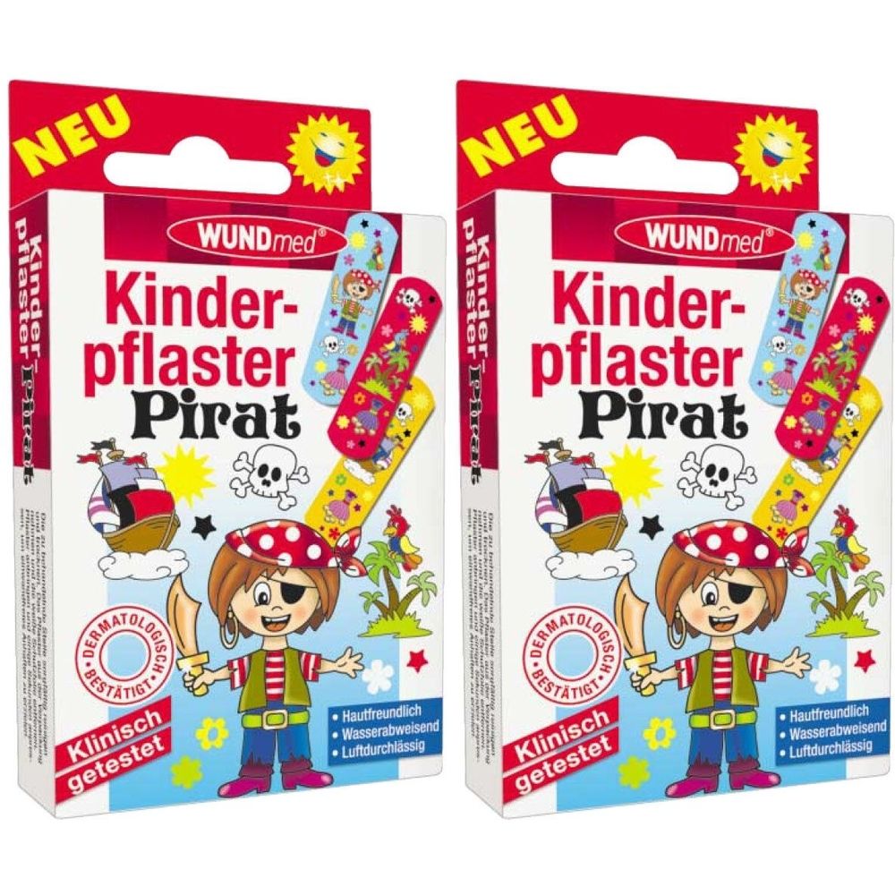 Zwei Packungen WUNDmed Kinderpflaster Pirat. Rote Verpackung mit Piratenmotiv und Produktnamen. Aufschrift: Klinisch getestet.