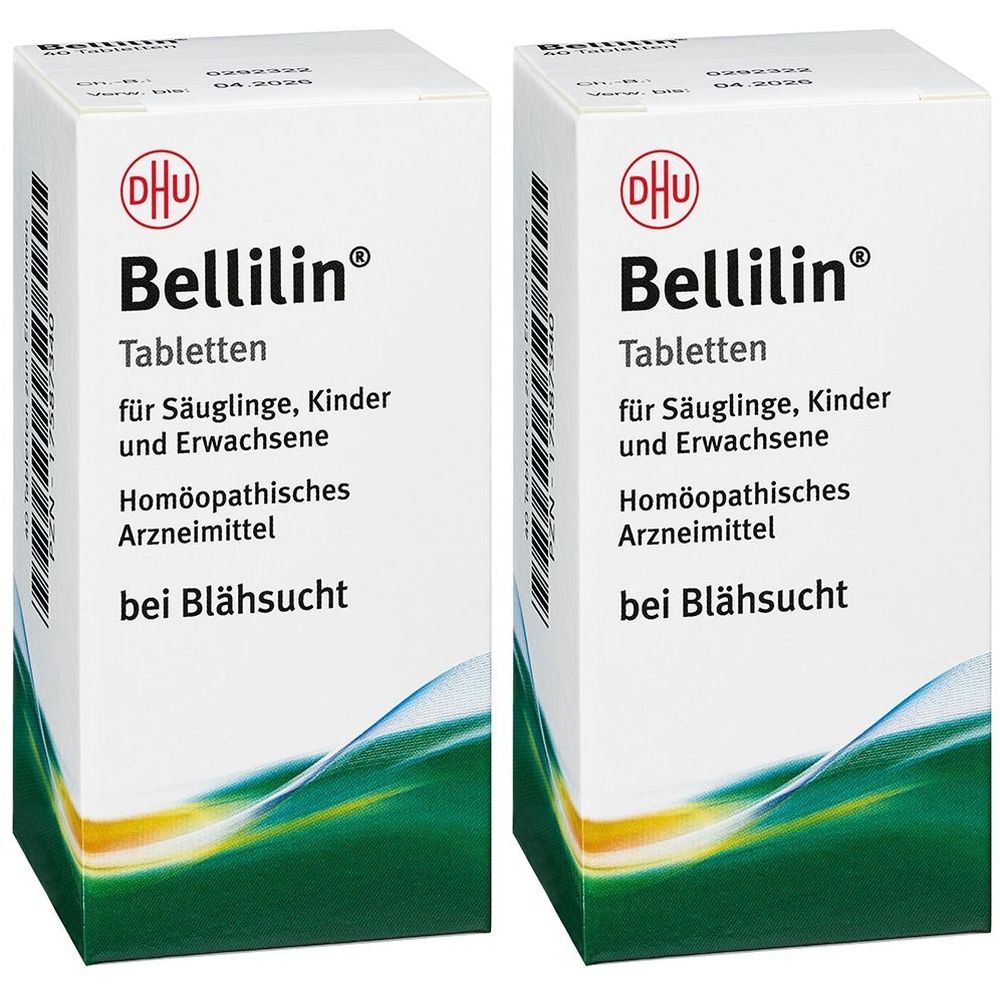 Zwei rechteckige Schachteln mit der Aufschrift Bellilin Tabletten. Text für Säuglinge, Kinder und Erwachsene. Homöopathisches Arzneimittel bei Blähsucht.