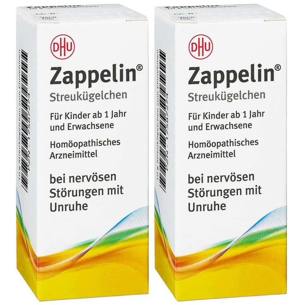 Zwei weiße Schachteln mit Produktnamen Zappelin. Aufschrift: Streukügelchen, für Kinder ab 1 Jahr und Erwachsene, Homöopathisches Arzneimittel.