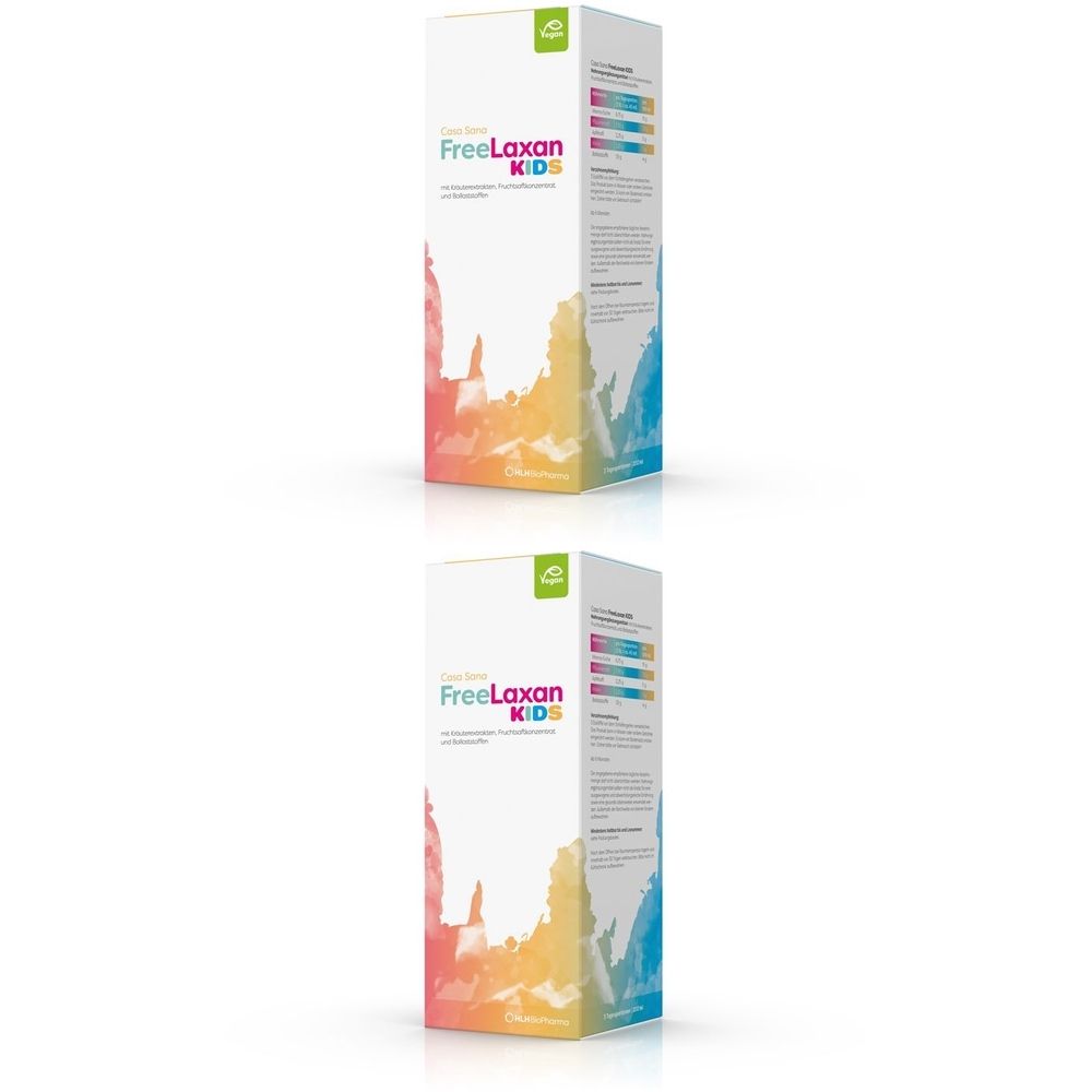 Zwei Packungen Casa Sana FreeLaxan KIDS. Weiße Verpackung mit Produktnamen und bunten Akzenten. Grün-Logo oben.