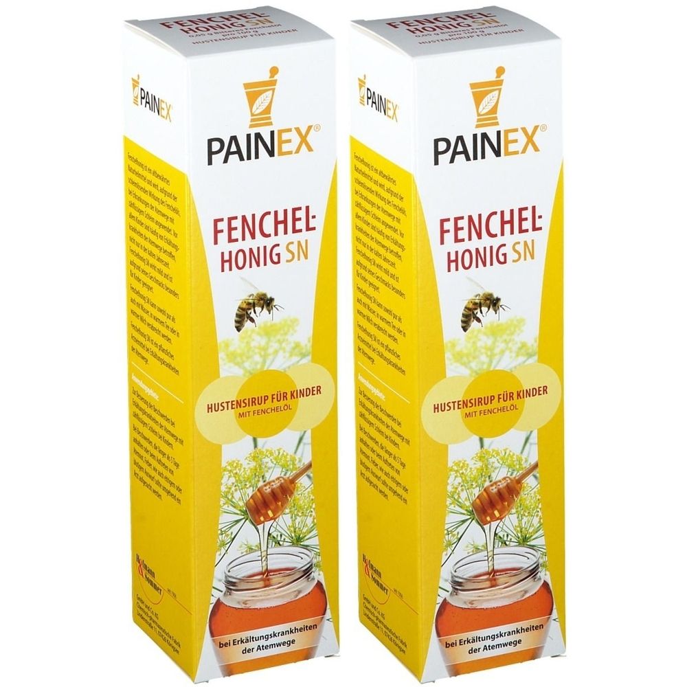 Zwei Packungen Hustensirup für Kinder mit Fenchelhonig. Aufschrift: PAINEX, Fenchel Honig SN.