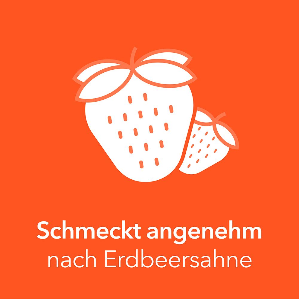 Grafik von Erdbeeren. Text: Schmeckt angenehm nach Erdbeere.